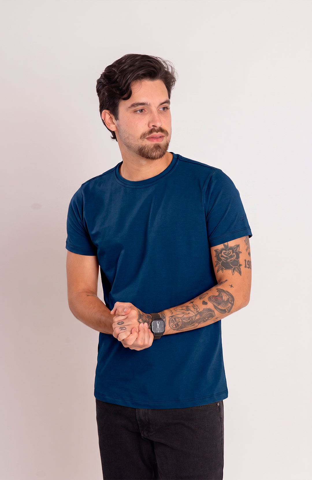 Camiseta Bázica Gola C masculina azul escuro Bázico, algodão Powerful com caimento slim #Cor_Azul Escuro