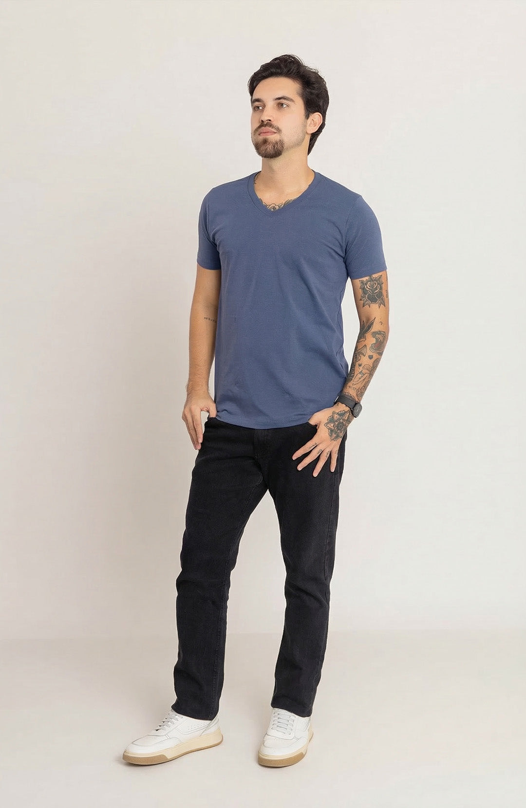 Camiseta Bázica Gola V masculina cold blue Bázico, algodão Powerful com caimento perfeito #Cor_Cold Blue