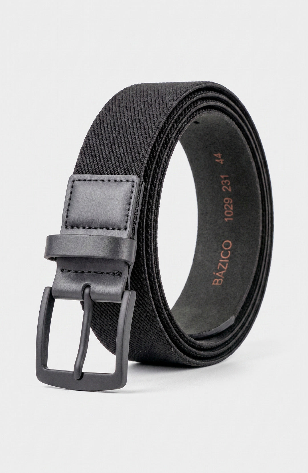 Cinto Elástico de Couro Pull-up masculino preto Bázico, tecido trançado elástico com acabamento em couro #Cor_Preto