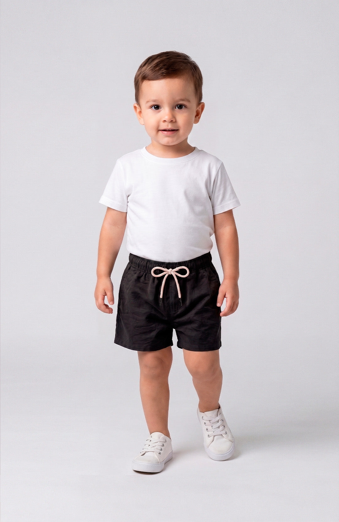 Short Bázico Kids preto Bázico, sarja de algodão com cintura ajustável #Cor_Preto