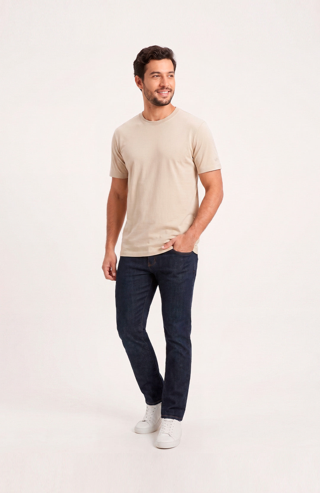 Camiseta Bázica Regular masculina areia Bázico, algodão Powerful com caimento clássico #Cor_Areia
