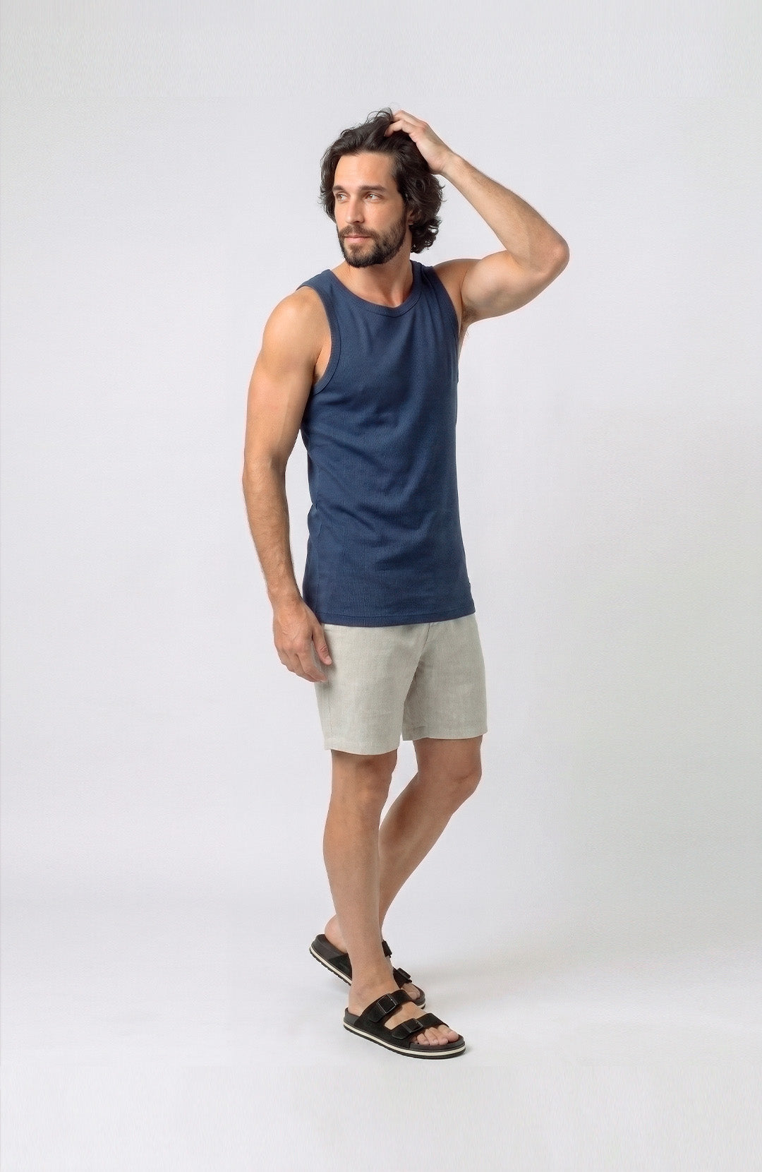 Regata Canelada masculina azul-marinho Bázico, malha canelada de algodão #Cor_Azul-marinho