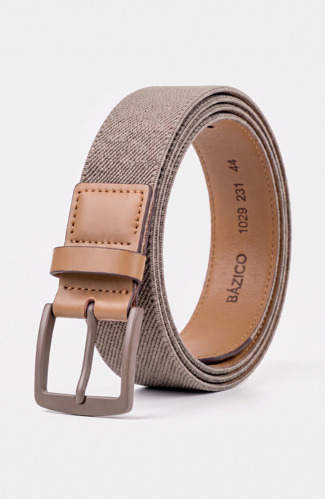 Cinto Elástico de Couro Pull-up masculino bege Bázico, tecido trançado elástico com acabamento em couro #Cor_Bege