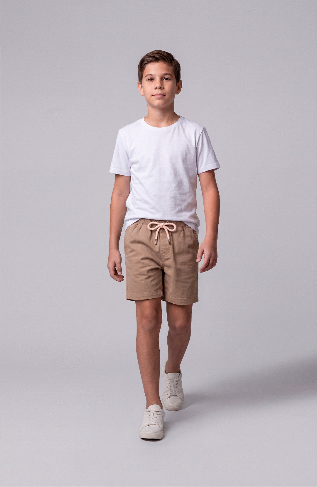 Short Bázico Kids bege Bázico, sarja de algodão com cintura ajustável #Cor_Bege
