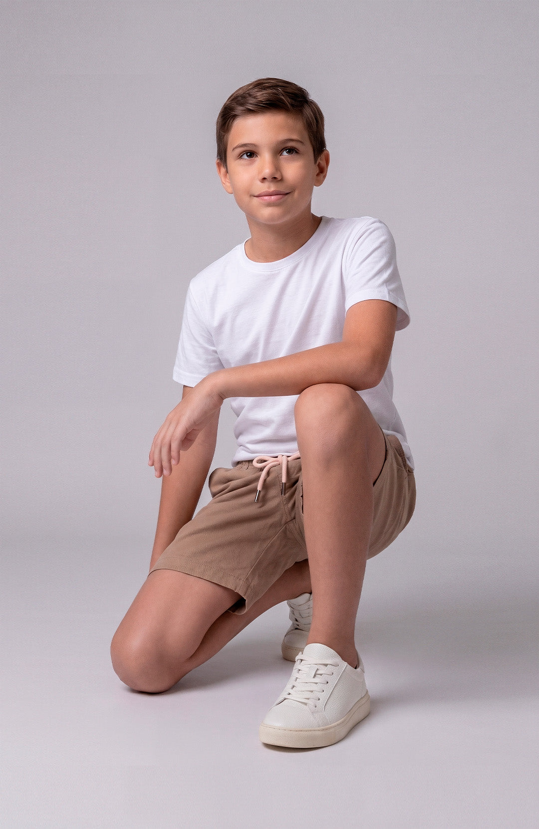 Short Bázico Kids bege Bázico, sarja de algodão com cintura ajustável #Cor_Bege