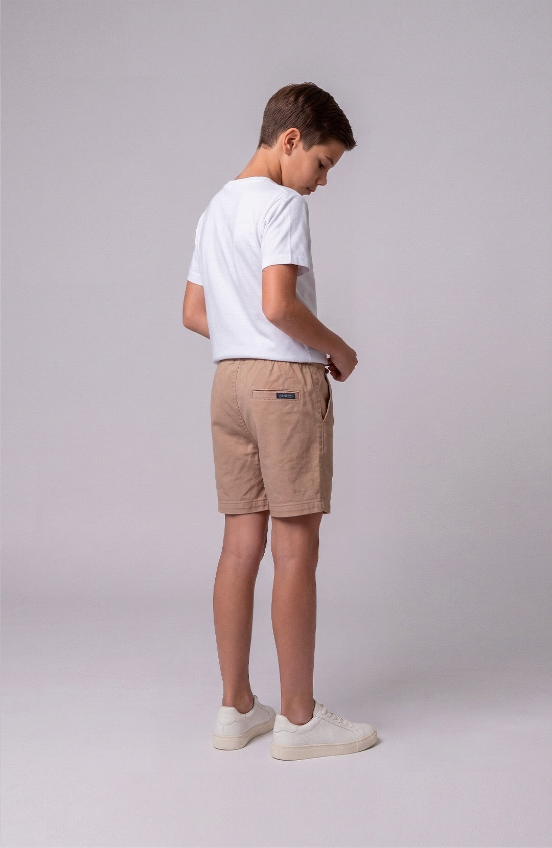 Short Bázico Kids bege Bázico, sarja de algodão com cintura ajustável #Cor_Bege