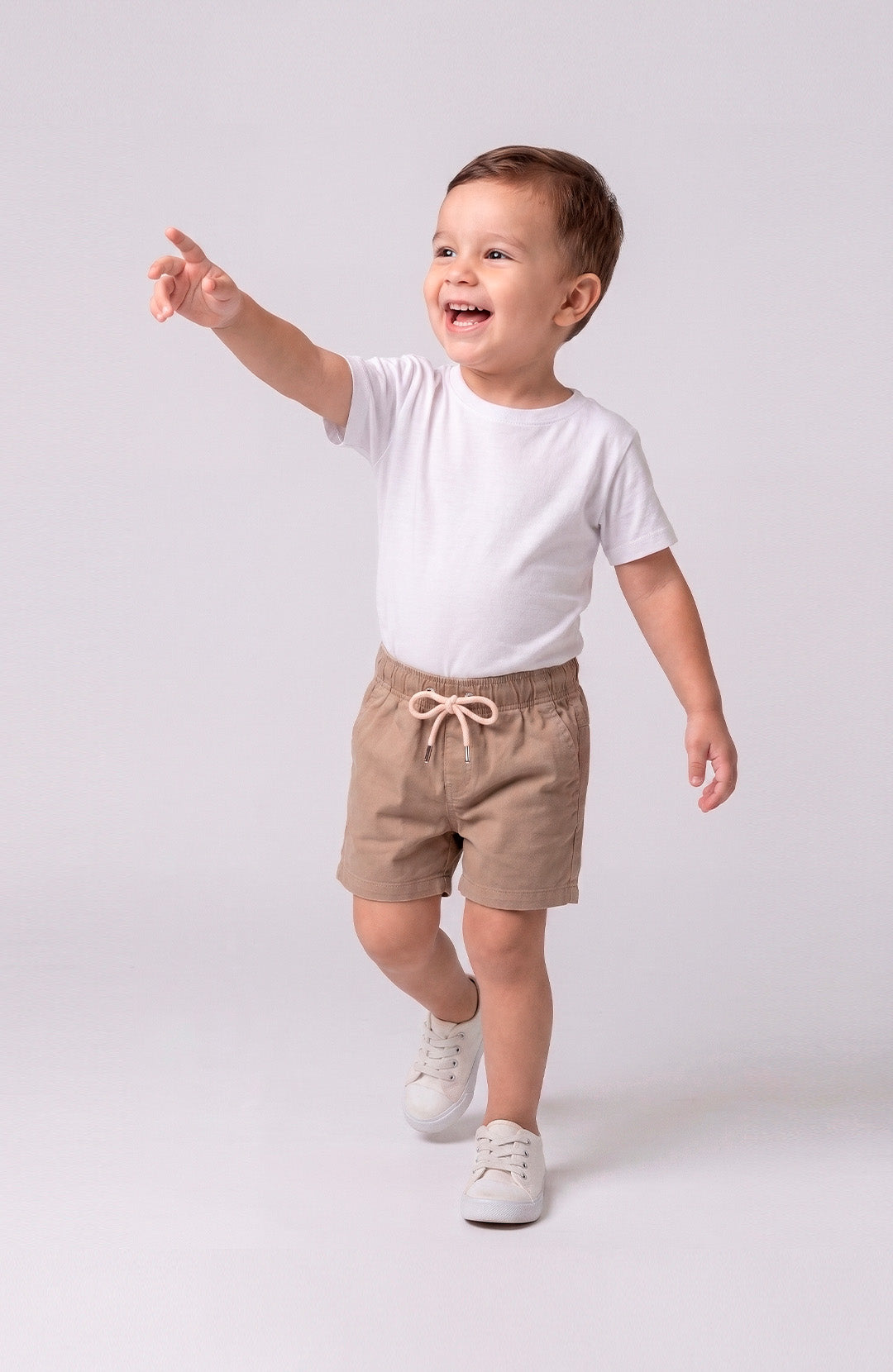 Short Bázico Kids bege Bázico, sarja de algodão com cintura ajustável #Cor_Bege