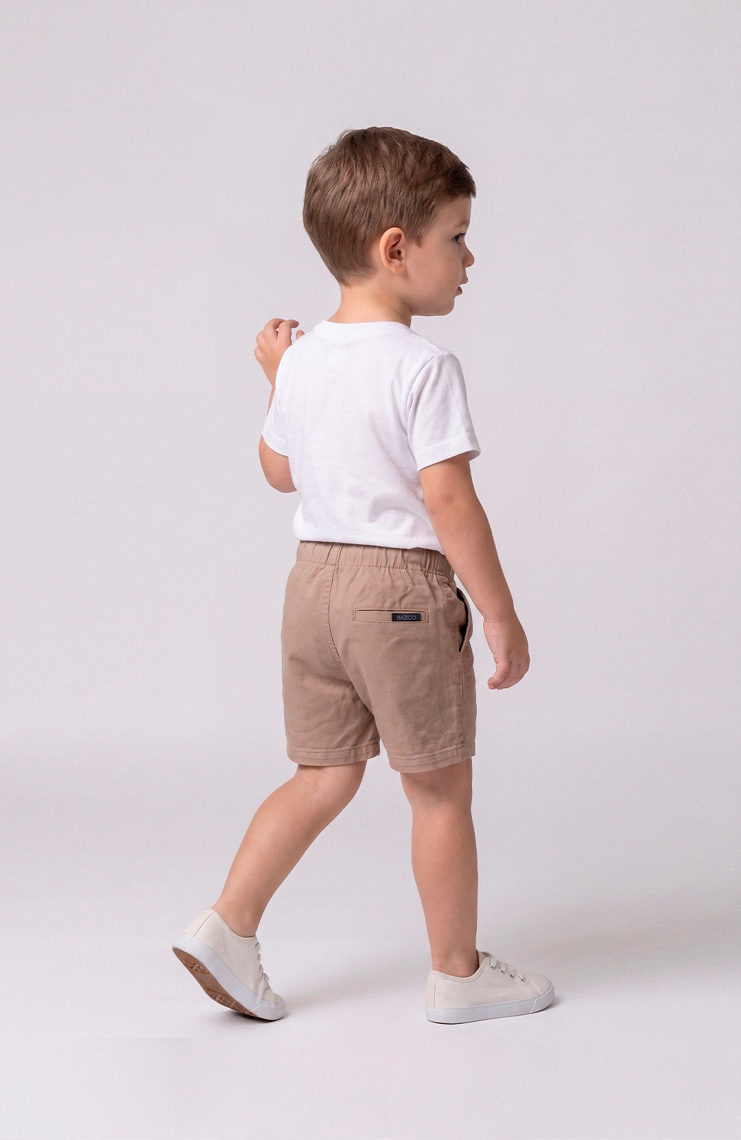 Short Bázico Kids bege Bázico, sarja de algodão com cintura ajustável #Cor_Bege
