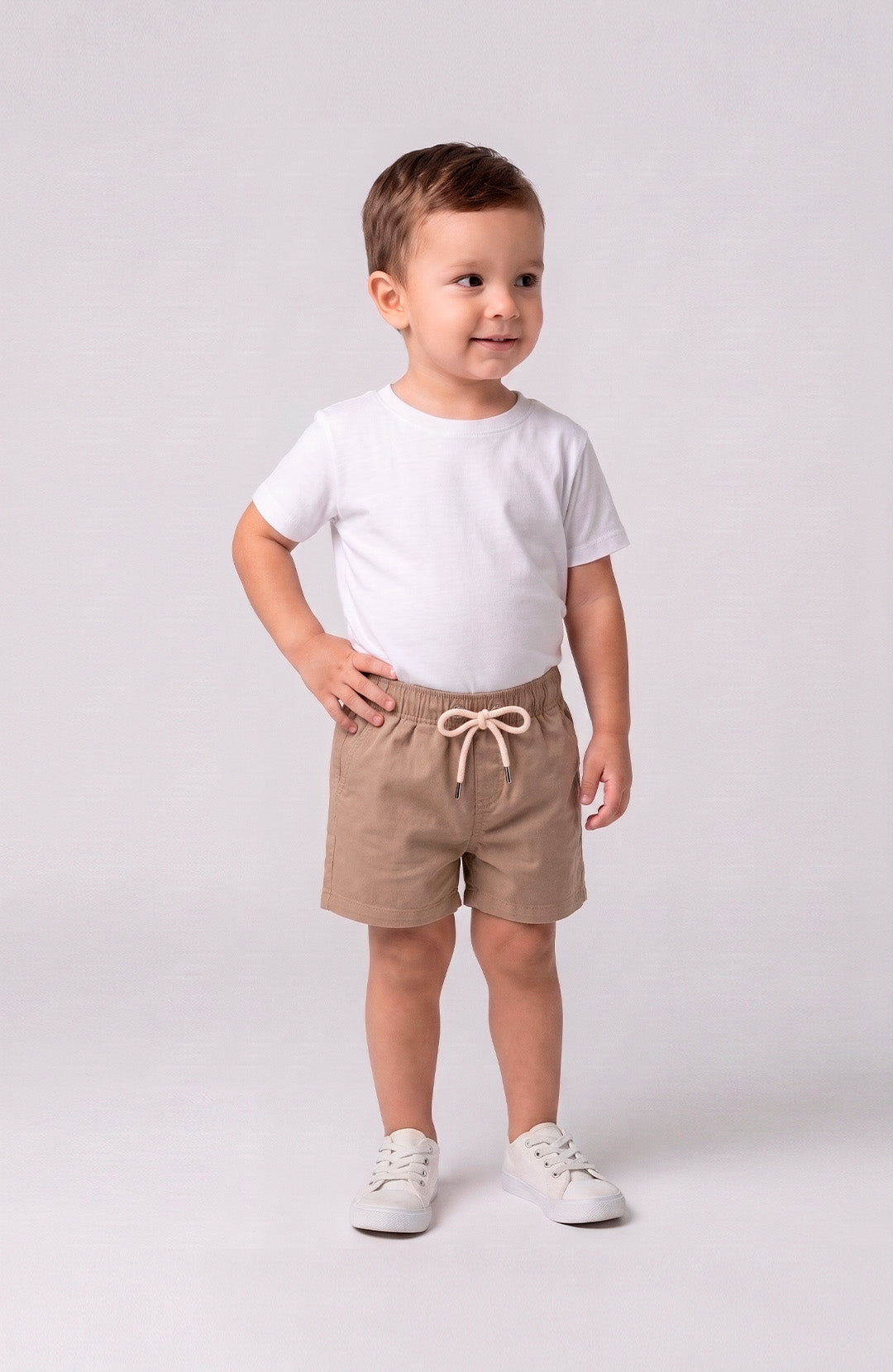 Short Bázico Kids bege Bázico, sarja de algodão com cintura ajustável #Cor_Bege