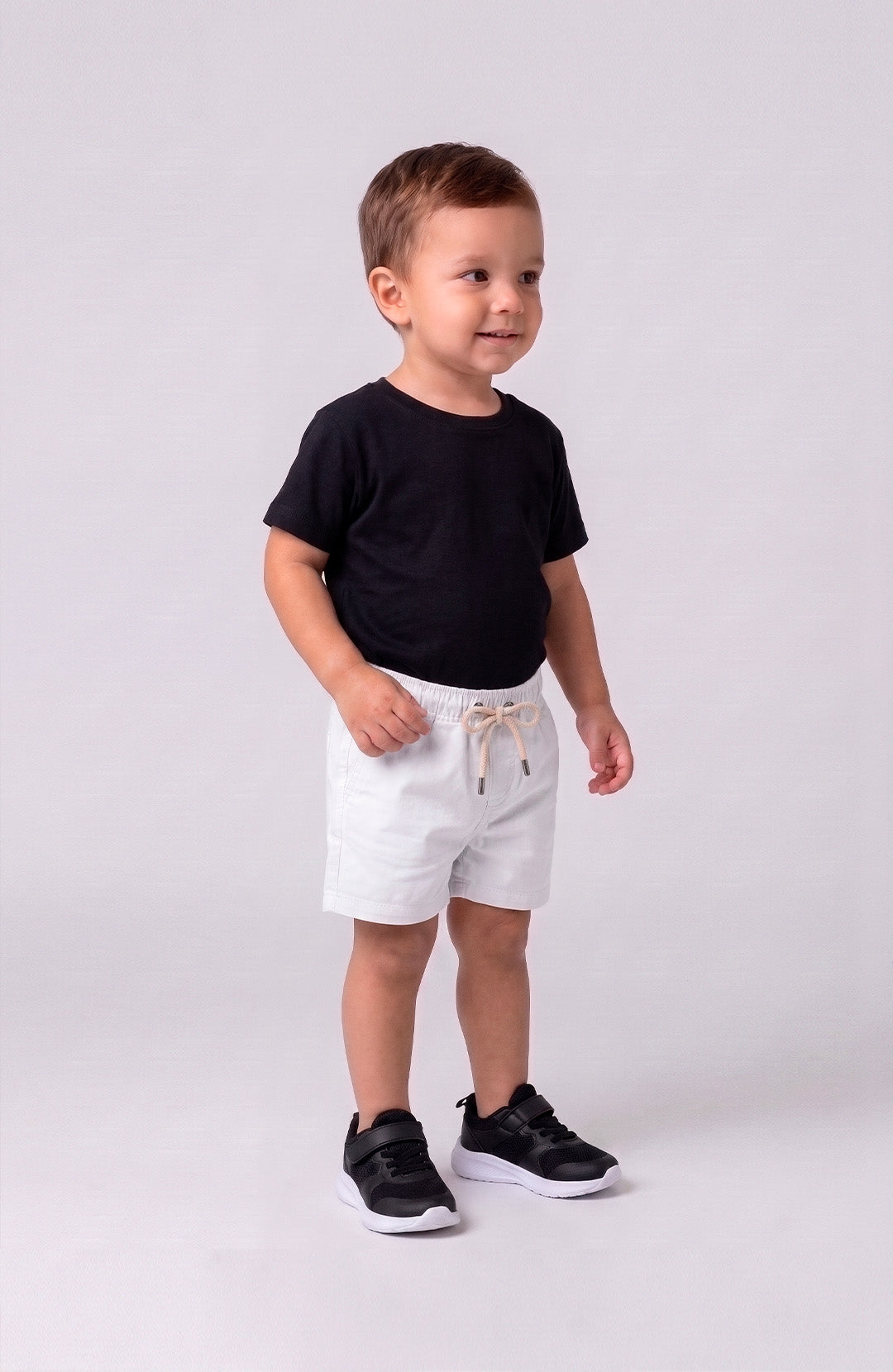 Short Bázico Kids branco Bázico, sarja de algodão com cintura ajustável #Cor_Branco