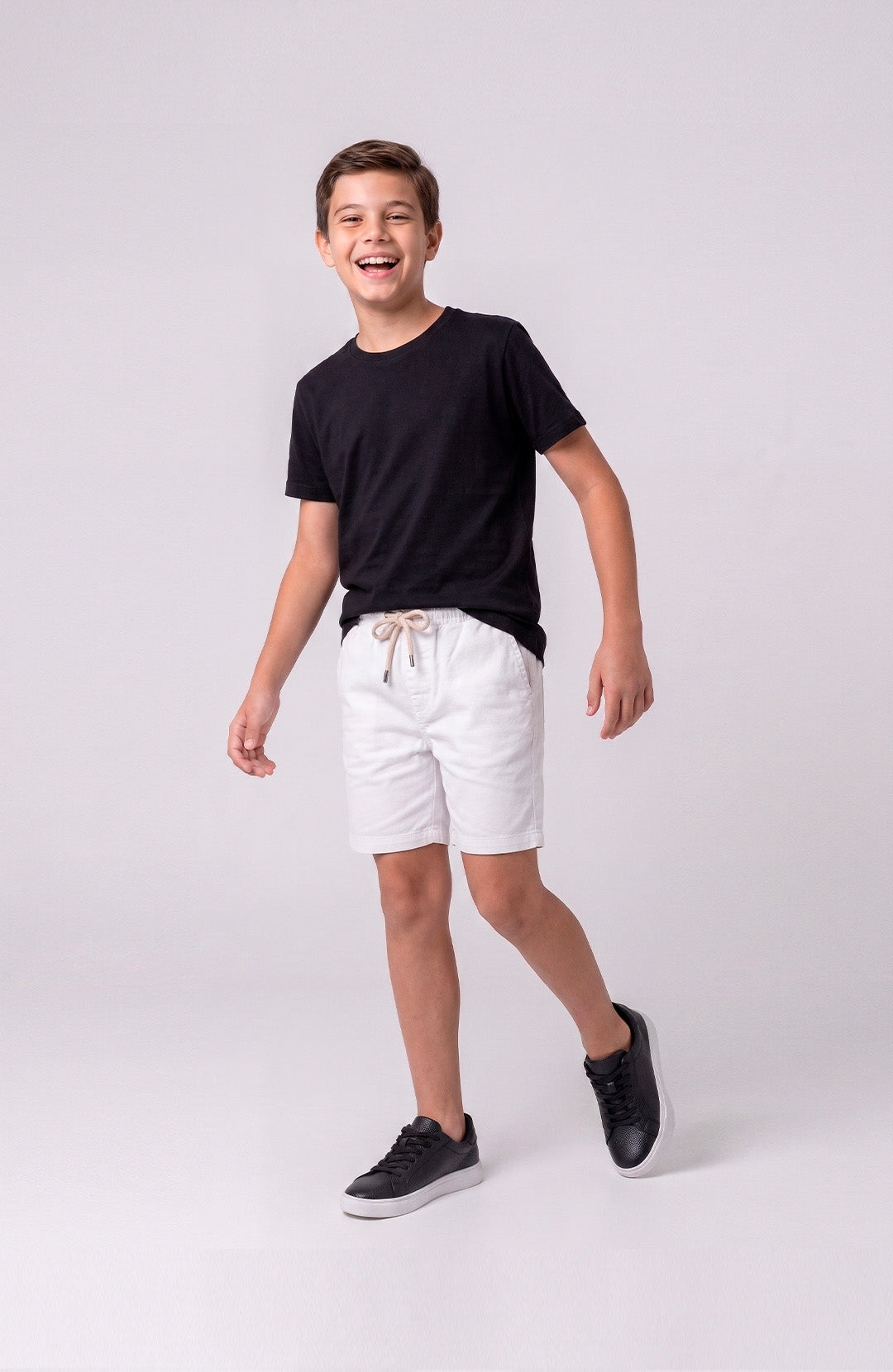 Short Bázico Kids branco Bázico, sarja de algodão com cintura ajustável #Cor_Branco